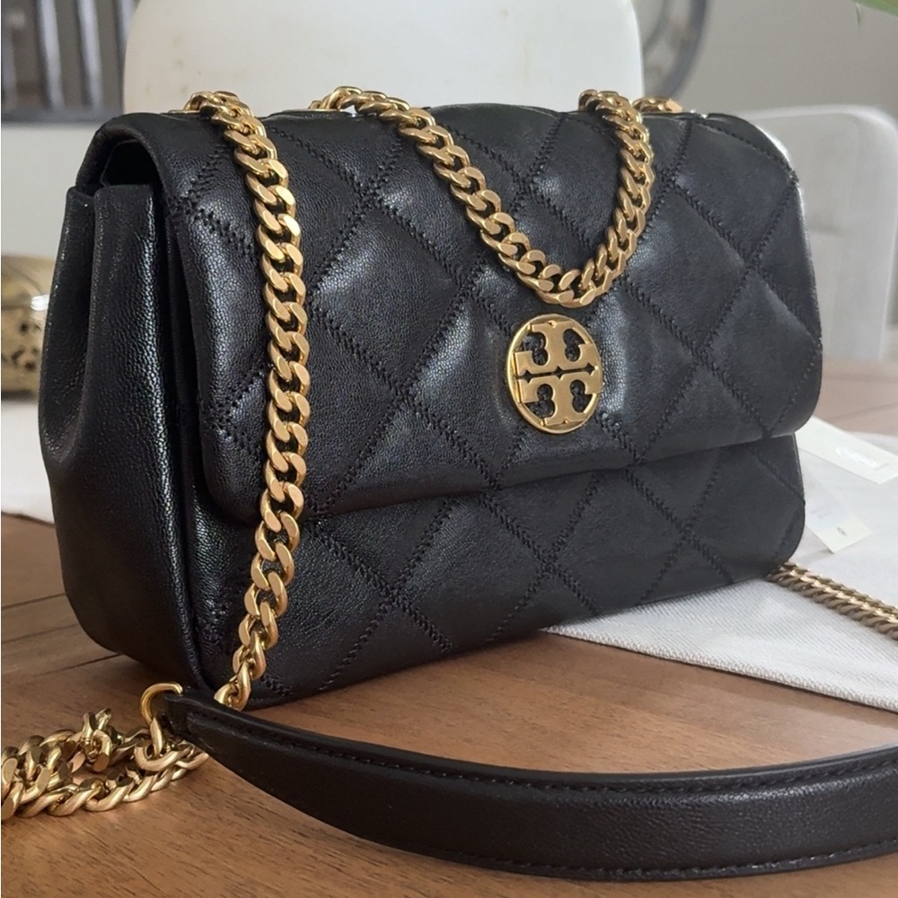 595+! New Tory Burch Willa Black Diamond Quilted With Gold Hardware Shoulder Bag